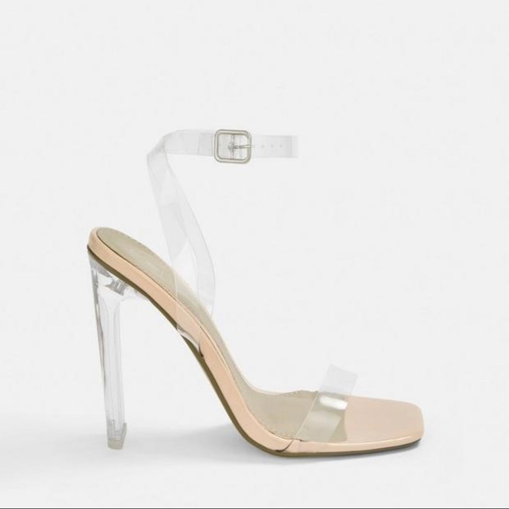 MG- Nude Square Toe Clear Ankle Strap Heels